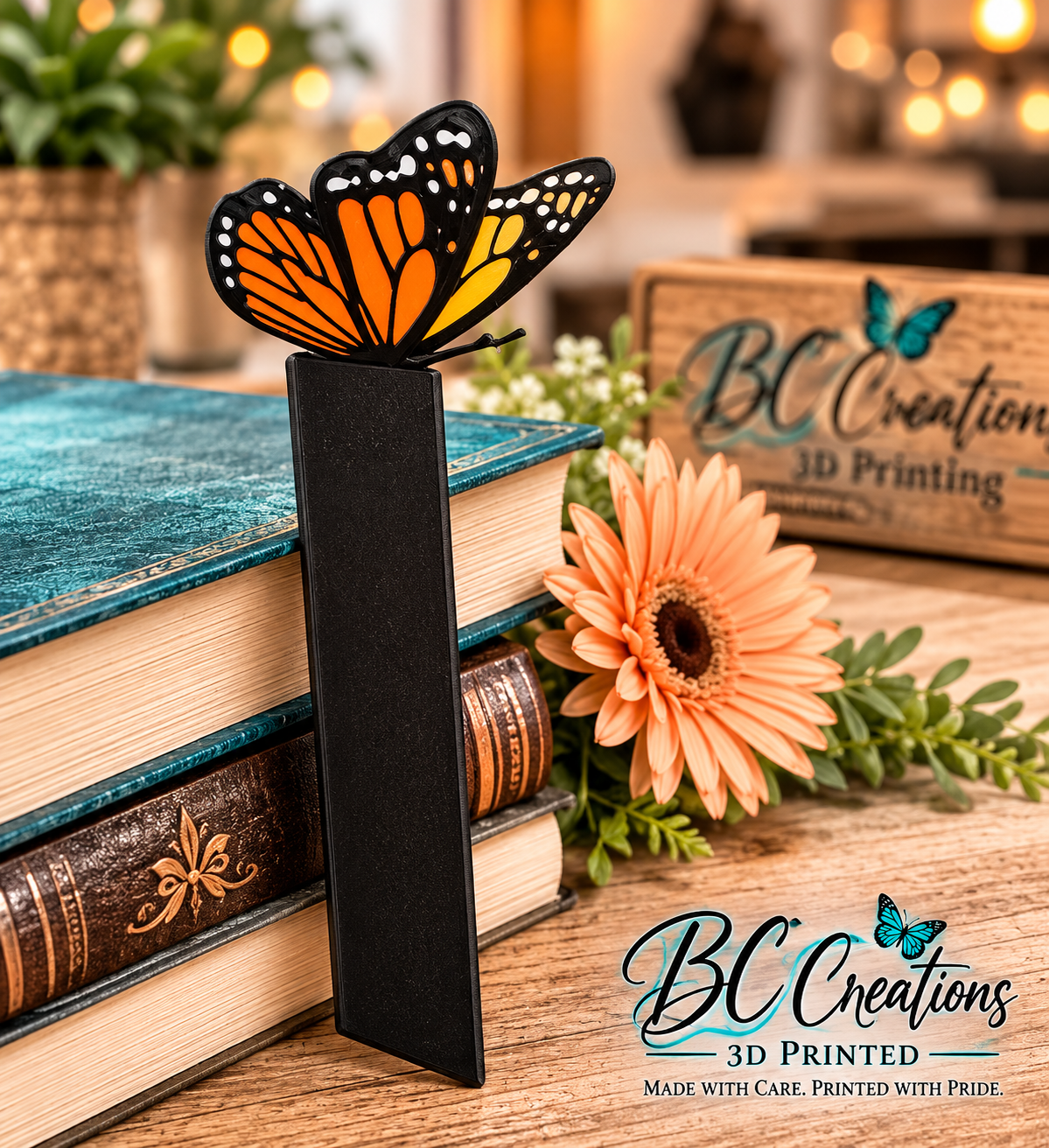 Monarch butterfly bookmark with books