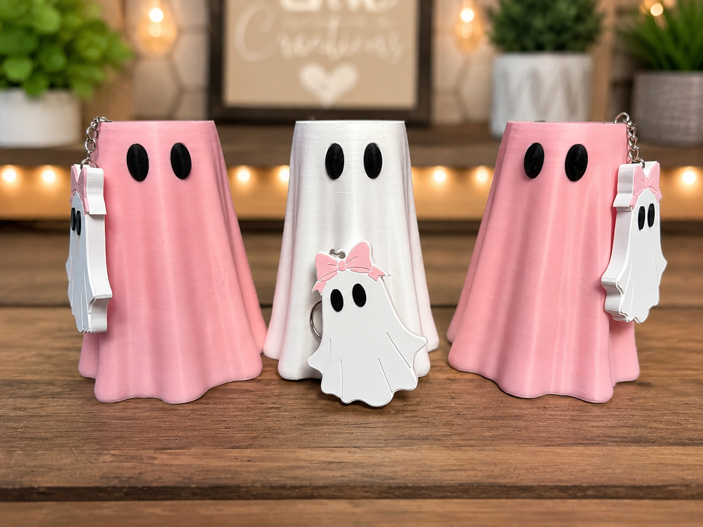 Cute ghost keychains pink white display