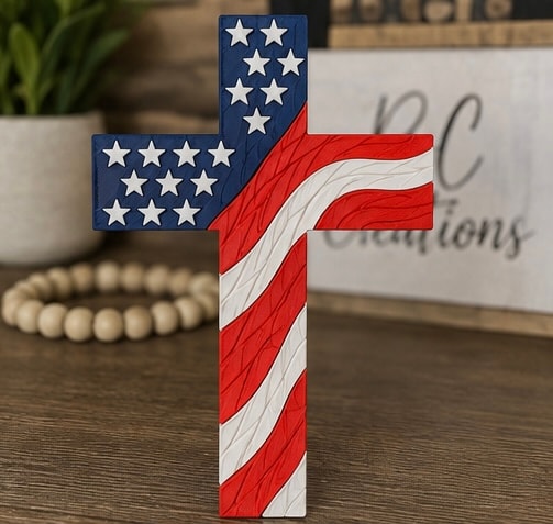 Patriotic wooden cross with American flag design