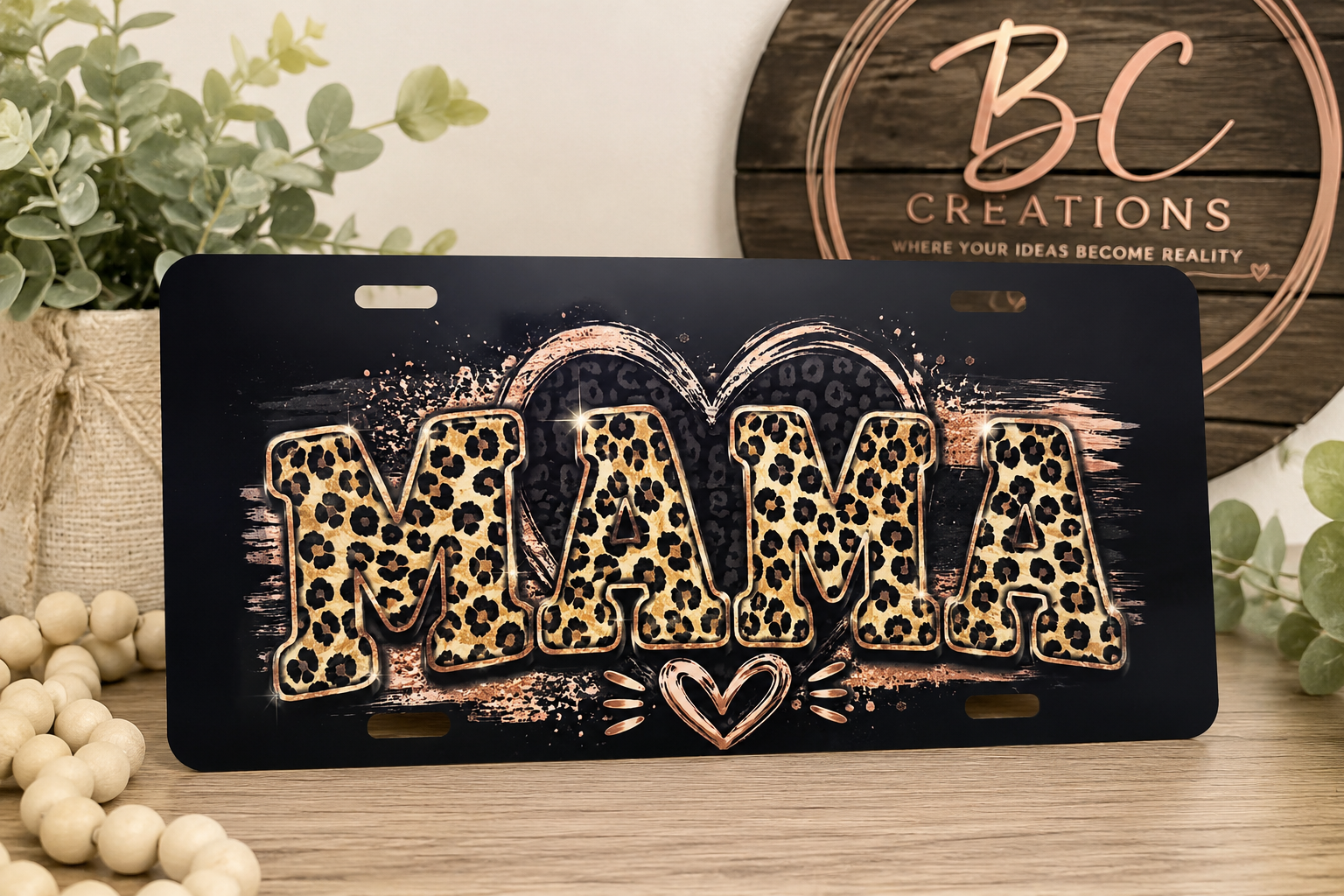 Leopard print Mama custom license plate with heart