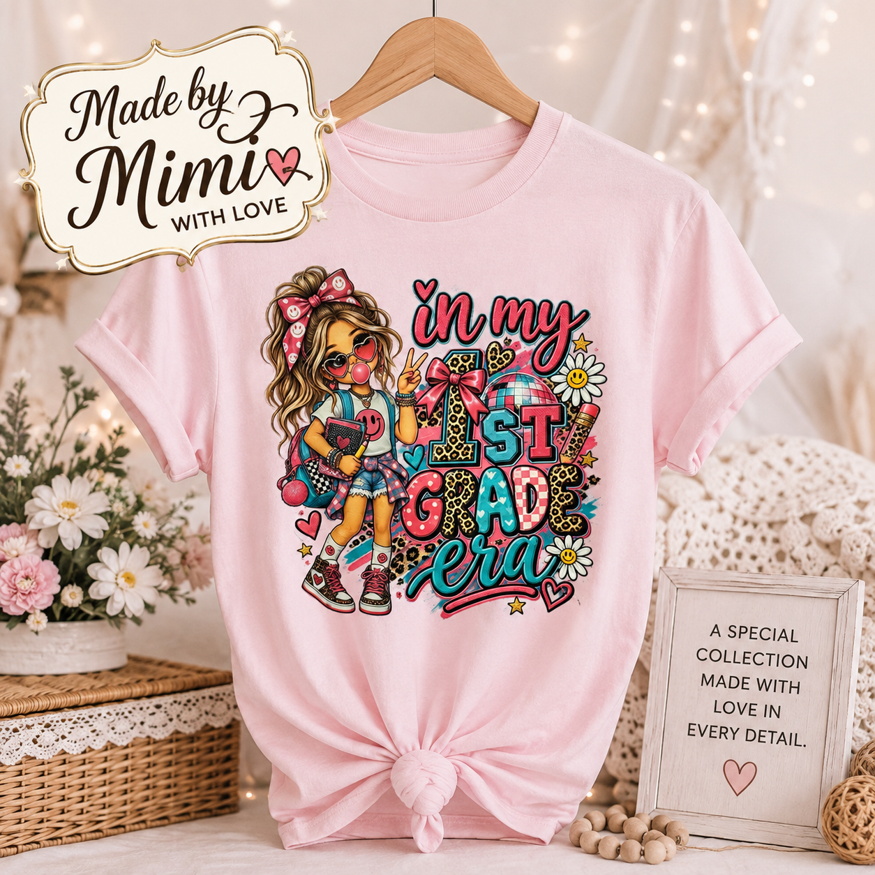Pink first grade girl graphic tee