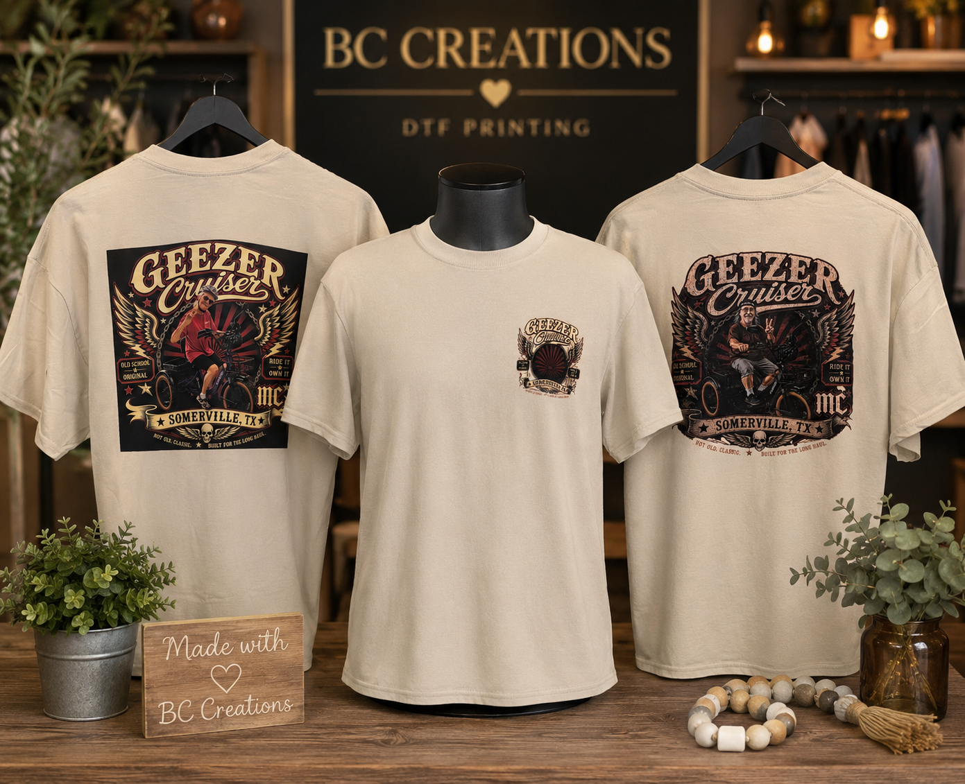 Geezer Cruiser graphic t-shirts retail display