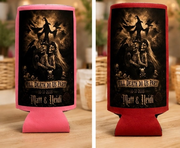 Gothic skeleton wedding koozies pair