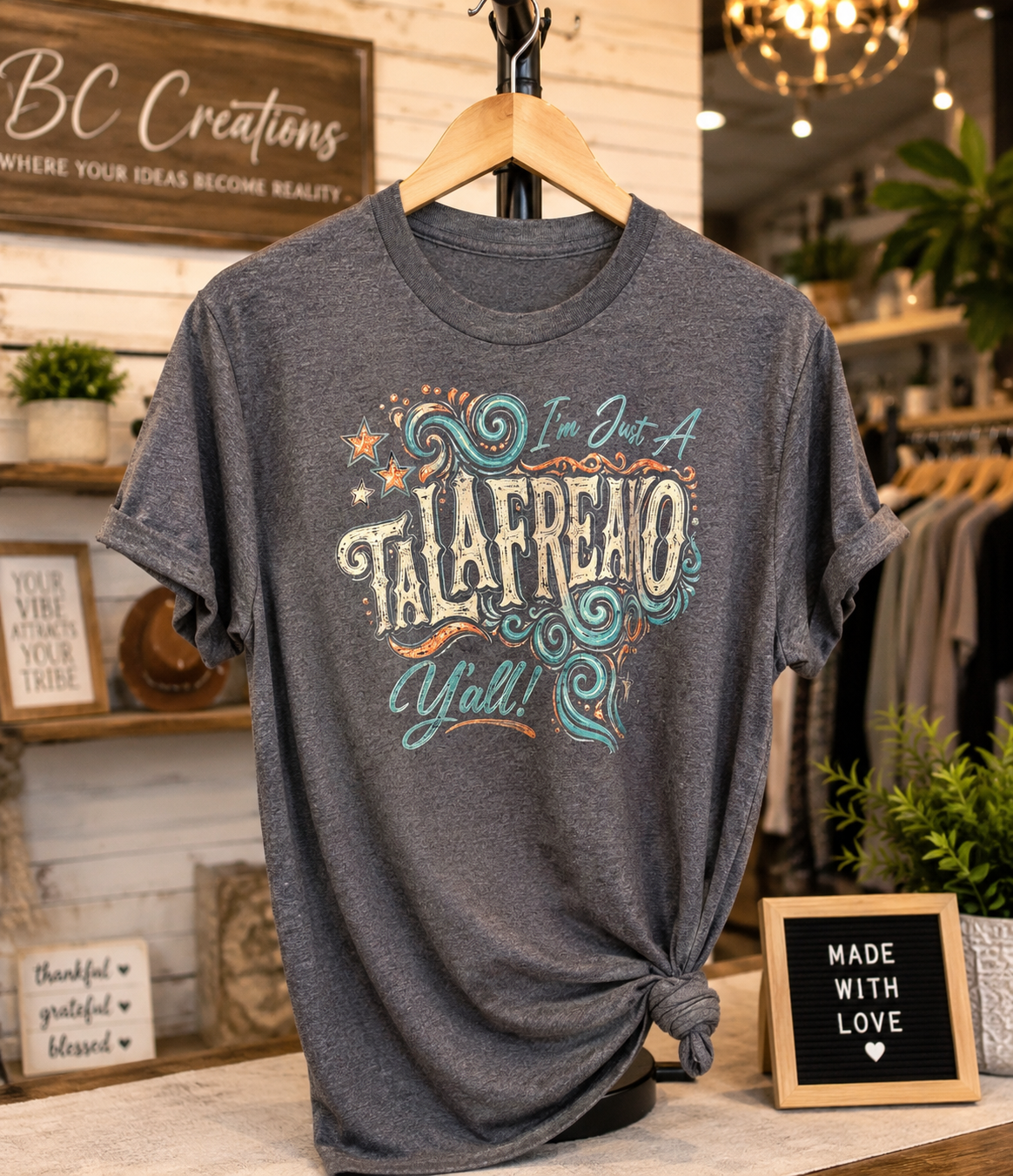 Gray t-shirt with colorful custom text design