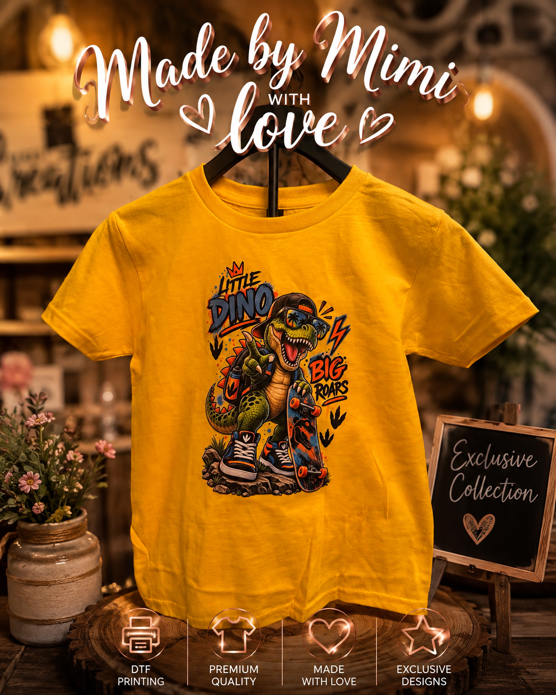 Yellow dinosaur graphic t-shirt
