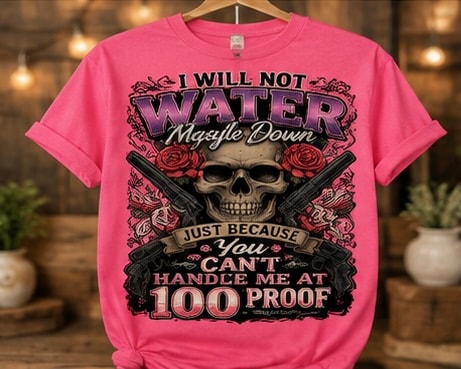 Pink graphic tee with skull, guns and roses design