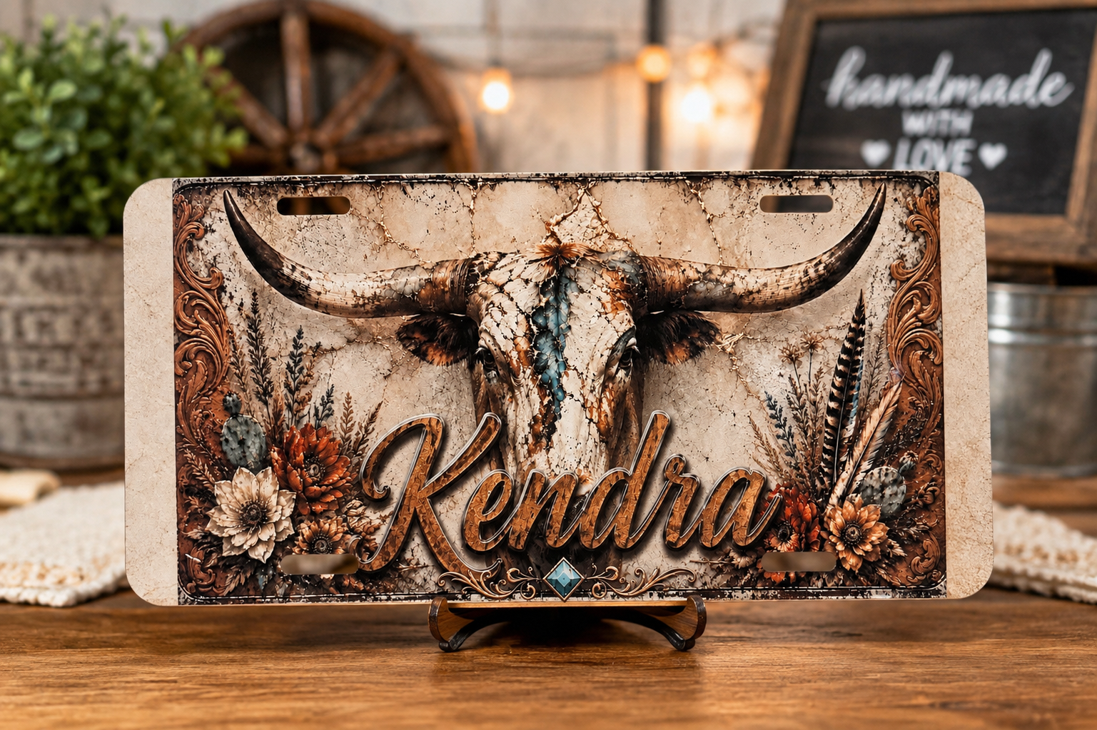 Personalized license plate with bull skull design