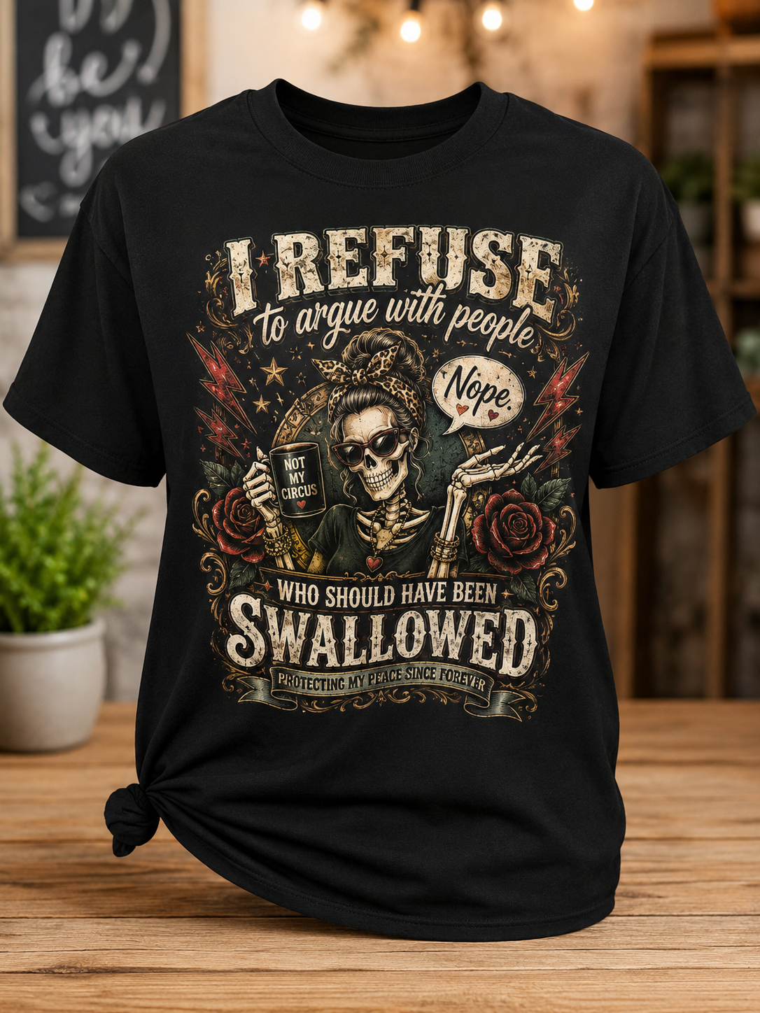 Black graphic tee with skull design