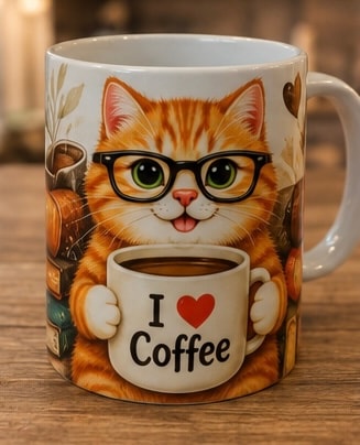 Orange cat wearing glasses holding coffee mug