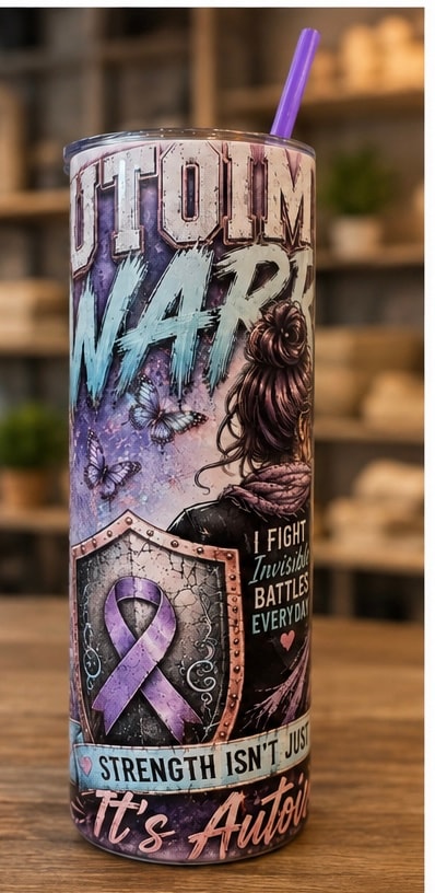 Warrior woman purple ribbon tumbler cup
